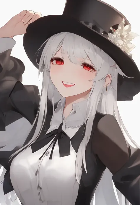 komori,idolcloth,masterpiece,best quality,white hair, red eyes,white shirt,(black formal hat),(hairclip:1.3),(small mouth mole:1.3),smile,highres,4k,black detached sleeves, upper body,