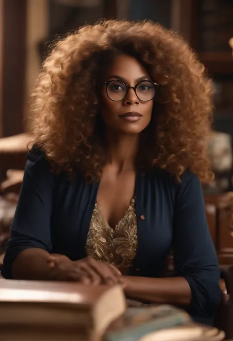 A Disney Pixar 3D-inspired film, a close-up of a woman with long curly hair, medium brown and golden blonde tips, and a witch dress wearing glasses , taken in early 2023, amante domme africana, shes facing the camera, imagem de perfil, linda senhora, looki...