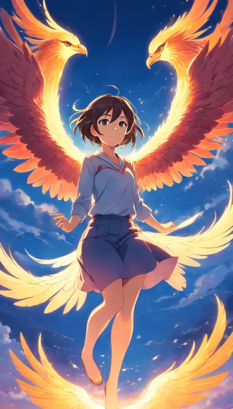 A beautiful woman sits on a phoenix flying in the air in a high-definition masterpiece