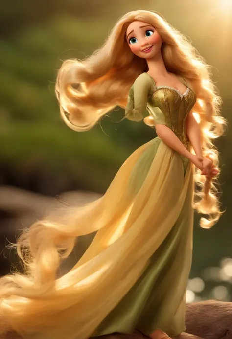 Rapunzel is looking directly at the camera, inclinando-se pela direita, e pisca brincando. Rapunzel Sexy, Rapunzel directly in front of the camera, (Solto _Hair: 1.9), Winks jokingly at the camera, figura da ampulheta, Roupa verde da ilha, ao ar livre, Pra...