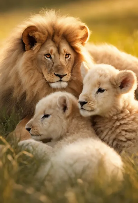 (Ultra-detailed, hight resolution:1.2), Realistic, detailed fur, Adorable lamb, Playful lion, lush grass, Peaceful Meadow, gentle sunlight, Warm color palette, Fun interaction, Cute and innocent, Harmonious scene, Animal friendship