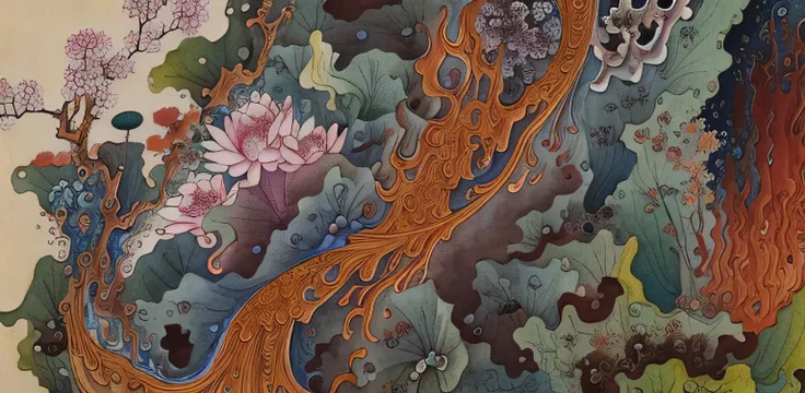 Lotus close-up，highly intricate and colorful, an ultrafine detailed painting, intricate oil painting detail, surreal waiizi flowers, intricate organic painting, with lotus flowers, james jean artwork, Intricate detail painting, Intricate Painting, intricat...