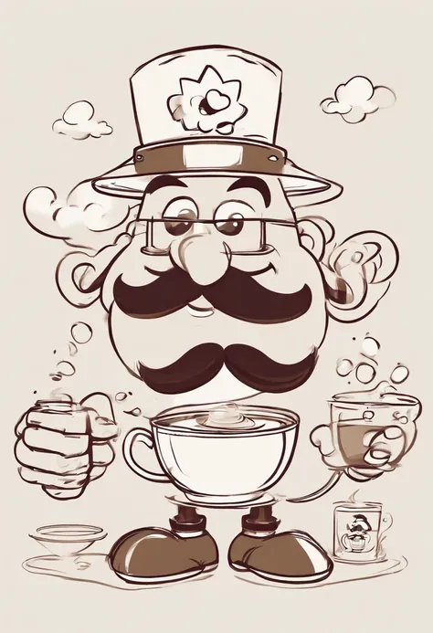 36-year-old man making coffee, usando bigode e cabelos castanhos