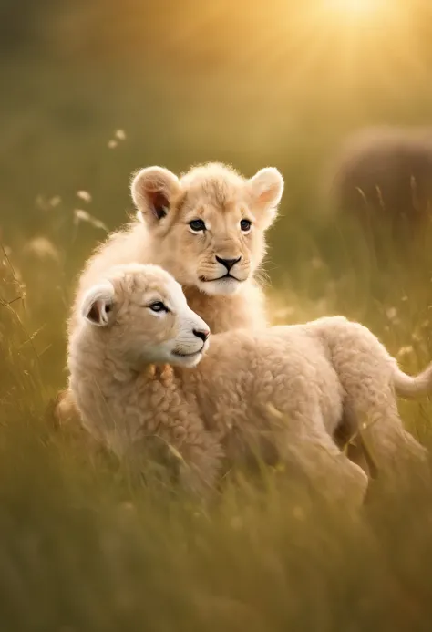 (Ultra-detailed, hight resolution:1.2), Realistic, detailed fur, Adorable lamb, Playful lion, lush grass, Peaceful Meadow, gentle sunlight, Warm color palette, Fun interaction, Cute and innocent, Harmonious scene, Animal friendship