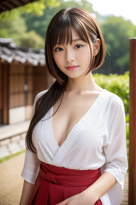 (Nipple GA)、　bignipple、　barechested、　（S-class very cute loli girl at the shrine who doesnt wear anything）、　Wearing a beautiful white shirt and a red skirt with a bald chest、　Vivid Hakama、　I can see bare feet、　Vivid Komono、　Beautiful hakama kimono、　intricat...