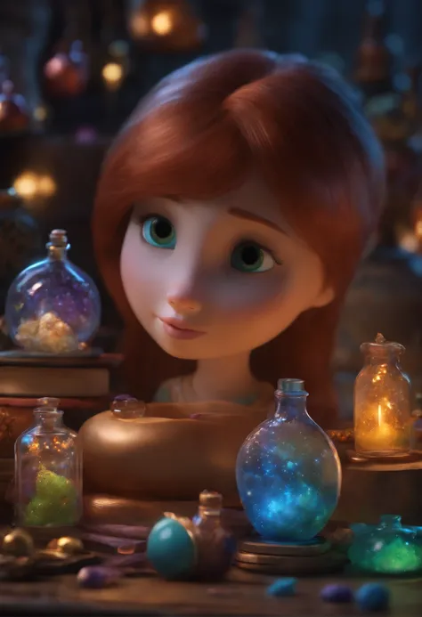 A collector of ideas inspired by Pixar animation, de perto. She is surrounded by a collection of magic vials, each containing a unique idea. The focus is on the character, with a captivating facial expression, Against a backdrop of shimmering, cores eferve...