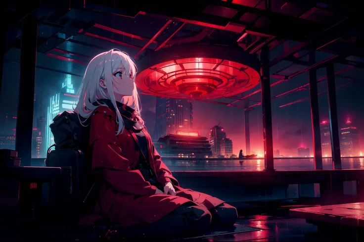 1 girl ,sitting ,(looking up sky), ((red lighting)),cinematic lighting , cinematic angle , ((submerged city)), rain,((masterpiece)), ((best quality)), ((ultra-detailed)), (illustration), ((an extremely delicate and beautiful))