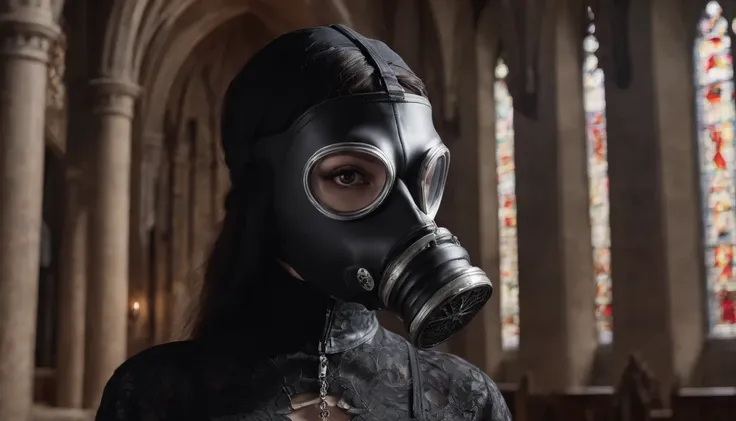 half body shot of a woman with an anti-gas mask in a gothic church, dark ambient, gothic aesthetic, techno aesthetic, techno fashion, horror movie, cinematic, ultra detailed, masterpiece.