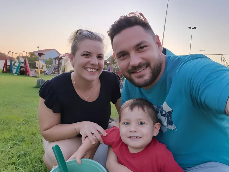 There is a man and a woman sitting with a child in a park, marido esposa e filho, divertindo-se, no parque, imagem de perfil, Parque em segundo plano, Divirta-se, no parque em um belo dia, em um parque, Happy family, vacation photo, Directed by: Nandor Sol...