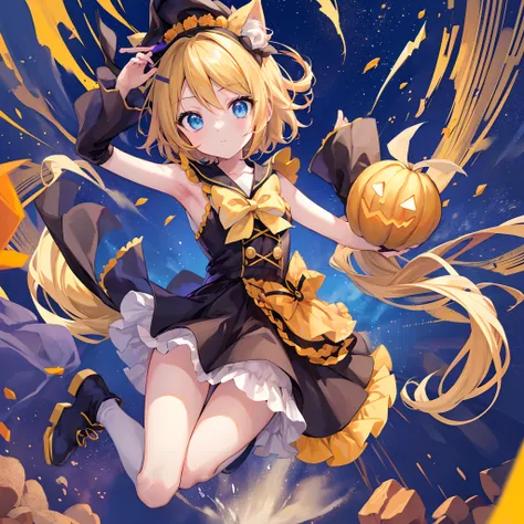 en 8K、highest qualityr、obra maestra、Ultra-detallado、Ultra-high resolution、((1 personas))、kagamine rin , vestida con traje de momia ( traje revelador ) curvaceous figure , halloween , caminando por la calle de noche