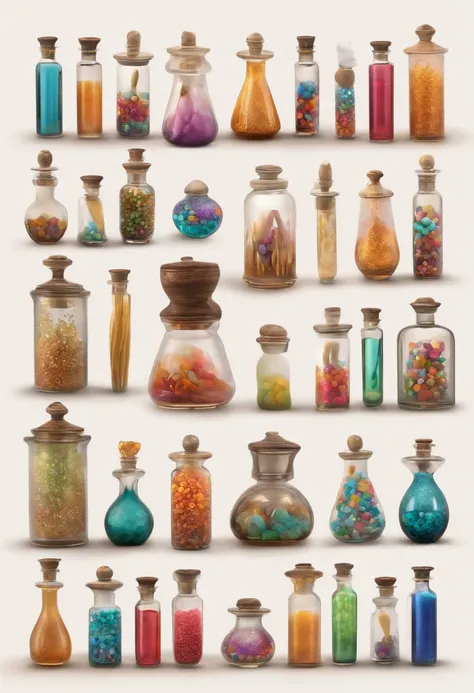 A collector of ideas inspired by Pixar animation, de perto. She is surrounded by a collection of magic vials, each containing a unique idea. The focus is on the character, with a captivating facial expression, Against a backdrop of shimmering, cores eferve...