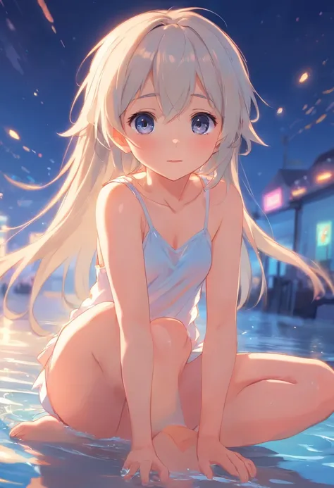 Cute loli，long whitr hair，Leaky shoulders，Barefoot，head looking up，largeeyes，Anime cute face，Loli，Leakage,naked, no clothes