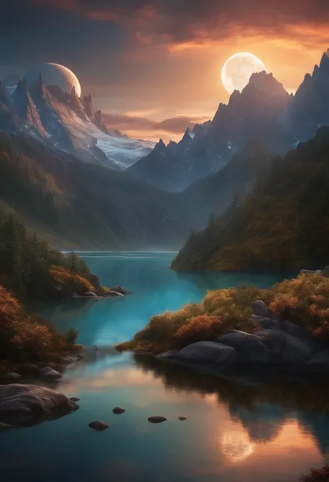 mountains and a lake with a moon in the sky, Arte digital altamente detalhada em 4k, 4 k hd wallpaper muito detalhado, paisagem de fantasia impressionante, Sci-Fi Fantasia Desktop Wallpaper, Unreal motor 4k papel de parede, Arte digital detalhada em 4k, sc...