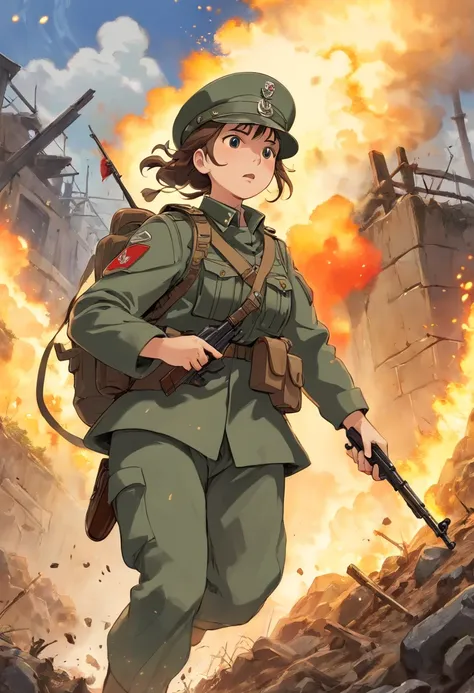 (a female soldier,),pickelhaube, battlefield, trenches, gunfire, strategic maneuvers, camouflage, barbed wire, explosions, muddy terrain, courage, determination, historical accuracy, realistic portrayal