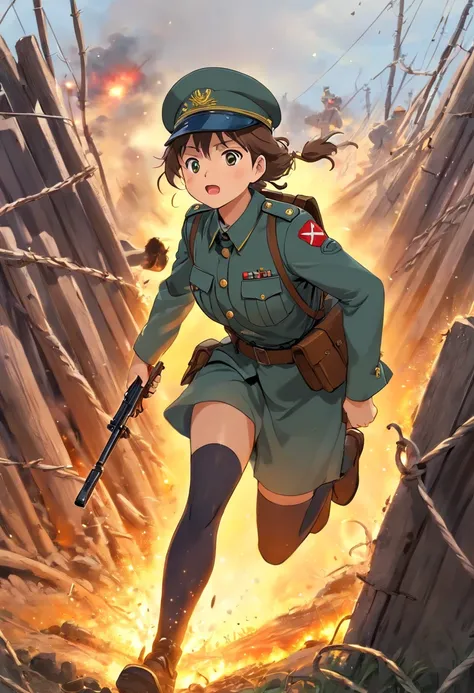 (a female soldier,),pickelhaube, battlefield, trenches, gunfire, strategic maneuvers, camouflage, barbed wire, explosions, muddy terrain, courage, determination, historical accuracy, realistic portrayal