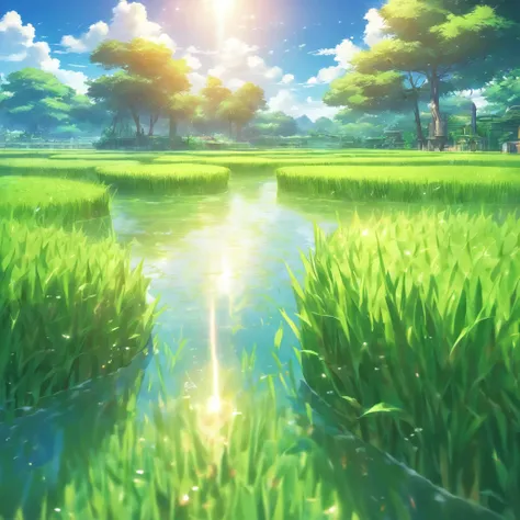 Best quality,Ultra-detailed,reality
Close-up of rice paddies,Green rice straw,Ripple water reflection,blue sky with fluffy clouds,the sunlight filters through the leaves of the tree