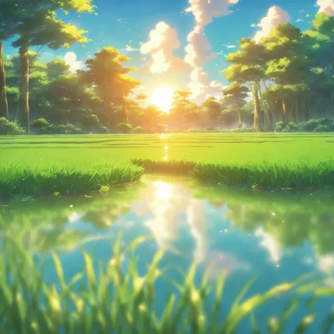 Best quality,Ultra-detailed,reality
Close-up of rice paddies,Green rice straw,Ripple water reflection,blue sky with fluffy clouds,the sunlight filters through the leaves of the tree