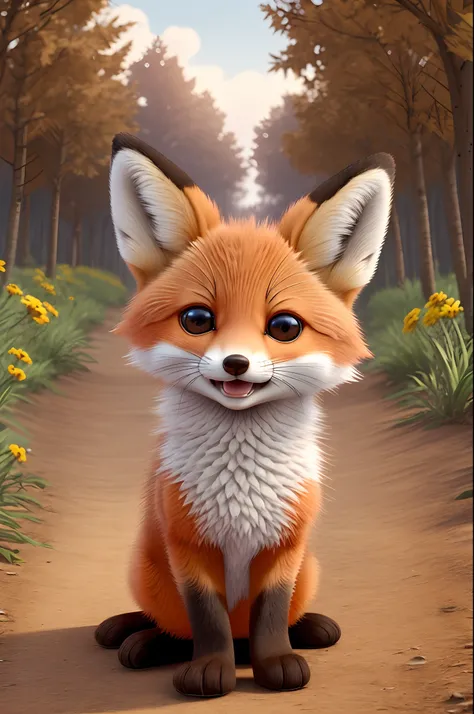 happy, furry and cute baby fox with big eyes looking straight at you Real 3D rendering, Pixar style, 32k, full body photo, light orange background --auto --s2