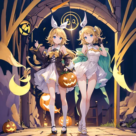 en 8K、highest qualityr、obra maestra、Ultra-detallado、Ultra-high resolution、((1 personas))、kagamine rin , vestida con traje de momia ( traje revelador ) curvaceous figure , halloween , caminando por la calle de noche