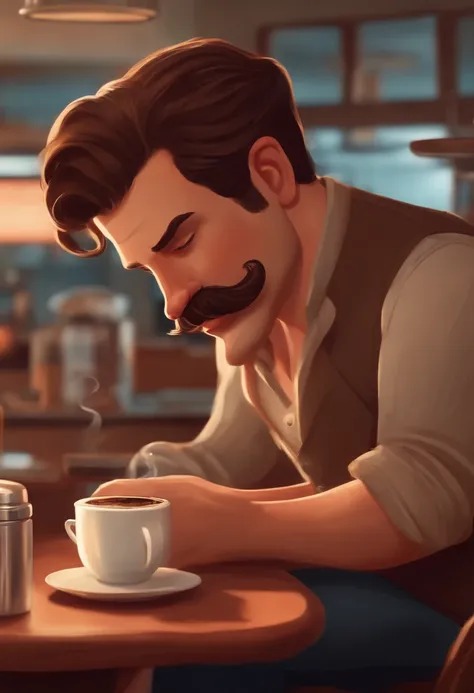 homem de 36 anos, usando bigode, Brown hair making coffee in a coffee shop, estilo pixar