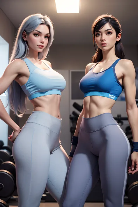 NSFW, A imagem mostra uma mulheres usando roupas combinando, Consisting of a blue sports bra and gray leggings. The two women are standing in a room, possibly a gym or a studio, And theyre posing for the camera. The clothes are designed to be comfortable a...