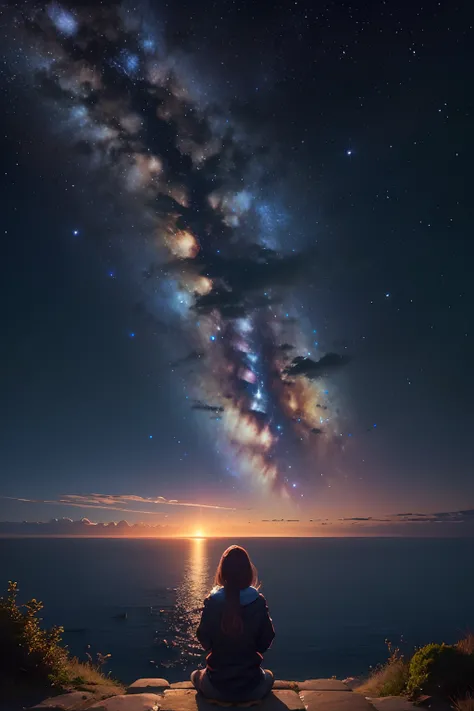 realisitic，Meteor shower in the night sky，vista para o mar，beautiful scenery，A girl is watching from a hill in the distance