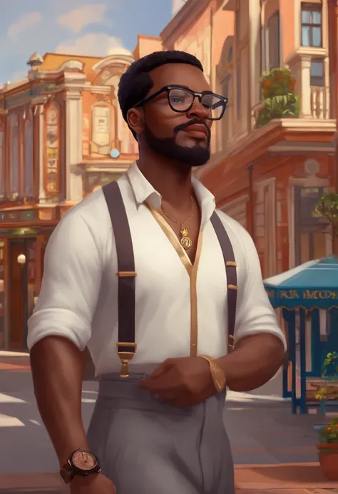 Disney Pixel Scene, Downtown Curitiba-Paraba, Black Man With Glasses, Nodred Hair, Small Beard Made Clock, On Arm And Diamond Earrings