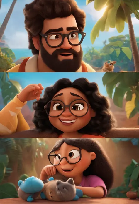 Um filme inspirado na Disney Pixar (MENINA NEGRA JOVEM COM CABELO LONGO CACHEADO PRETO) dentro A cena estar na arte distinta do estilo PIXAR, 42 year old man with beard wearing sports glasses and 30 year old brunette woman with dirty face from crying tears...