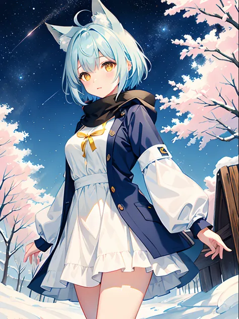 1girl in, fox ear,  light blue short hair,bangs pinned back,Ahoge,Colored inner hair, yellow eyes,Cute, blush, medium breast, winter, outdoors, night, starry sky, warm clothes