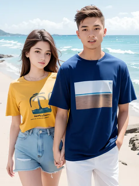 Young couple on the beach with a nice sea view wearing Twin t-shirts