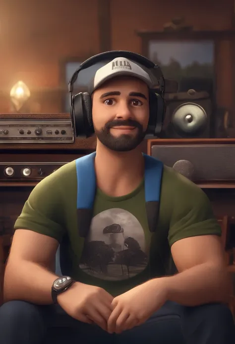 um homem, em breve, barba curta, olhos castanhos, com fones de ouvido, A music studio in the background, Imagem no estilo Pixar, Estilo de filme animado 3D, Disney, camiseta preta