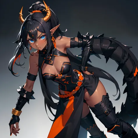 1girl , (((Dark Skin)))), Black Hair with Ponytail, (((Blue Eyes))), ((Black Metallic Gauntlets and Greaves with Orange and Silver Highlights)), (((The Clothes Have a Mix of Modern and Tribal))), (((The Clothes Have a Mix of Modern and Tribal))),  having m...