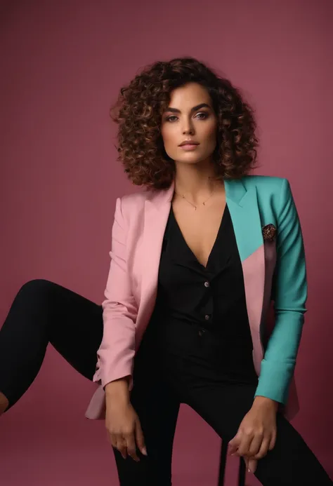 Photographer with brown and curly hair, camiseta preta e blazer rosa, Black pants and accessory your camera