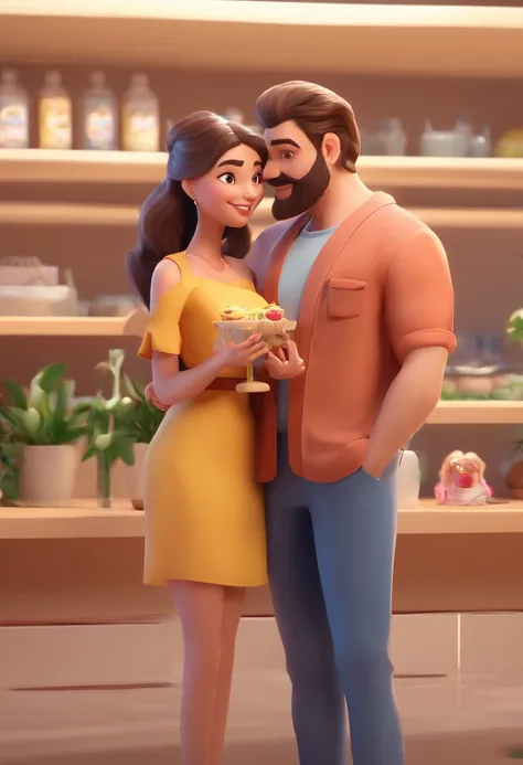 An illustration of an adorable couple, Destacando um homem e uma mulher com beleza, Expressive eyes – the mans hair is bald and brown and he has a full beard, While the womans hair is tied up in a bun and blonde. They are a bright space, Todos com um sorri...