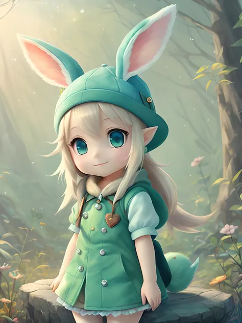 (best quality,4k,highres,masterpiece:1.2),ultra-detailed,(realistic:1.37),(cartoon:0.9) girl with a pair of wings on her back, rabbit ears, and a light blue hat, wearing a green dress and yellowish-brown shoes. The artwork is a cute and detailed digital pa...