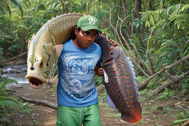 1 indigenous man of the Paumari people holds 1 large pirarucu fish on his back, In the middle of the Amazon rainforest, Estilo Disney Pixar, alta qualidade