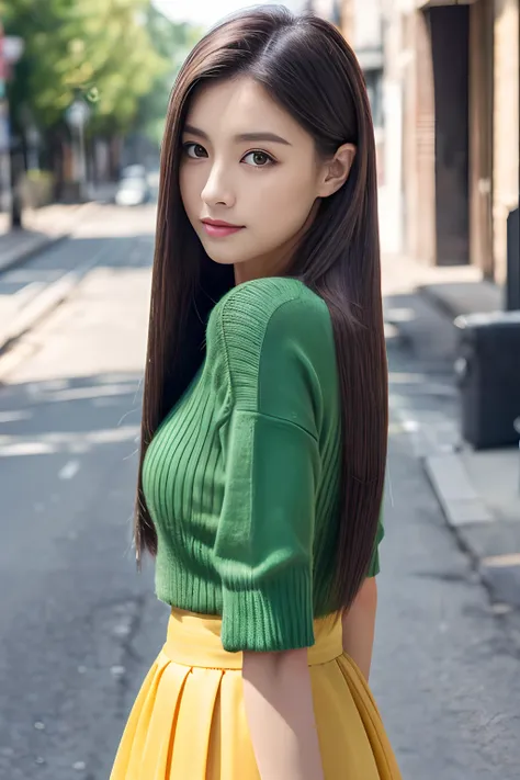 ((top-quality、in 8K、​masterpiece:1.3))、foco nítido:1.2、Beautiful woman perfect body:1.4、Slim abs:1.2、((Longhaire、straight haired:1.2))、Yellow-green knitwear、tight skirts:1.1)、(Sateen、a street:1.2)、wetbody:1.5、Three-dimensional texture、A detailed eye、faded ...