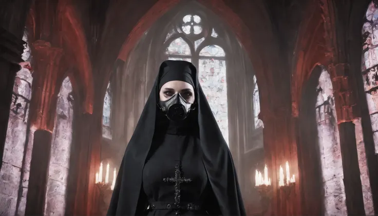 nun with anti-gas mask posing for a photo in a gothic church at night, red lights, dark nun fashion, horror fashion, latex fashion, fetish fashion, darksynth aesthetic.