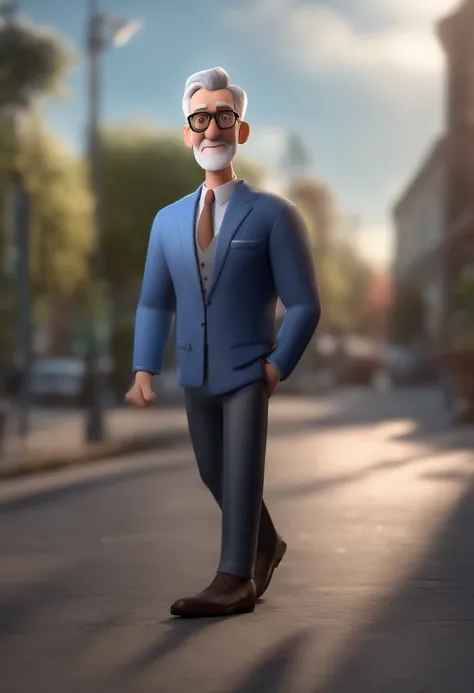 Cartoon character of a gray-haired man with a gray beard with black glasses and a blue shirt, animation character, Caractere estilizado, animation style rendering, 3D estilizado, Arnold Maya render, 3 d render stylized, toon render keyshot, Personagem 3D, ...