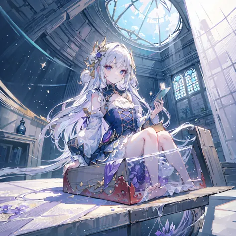 [(Transparent background:1.5)::5],(((Masterpiece))),(((Best quality))),(((Extremely detailed))),illustration, 1girll,Solo,mysterious,vivd colour,Shiny, Underwater transparent sealed hemispherical glass dome, (White hair),(Purple eyes), full bodyesbian,Bare...