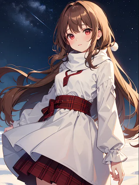 1girl in, Light brown SHRT hair, Red Eyes, center parted hair, medium breasts⁩, Cute, blush, winter, outdoors, night, starry sky, warm clothes