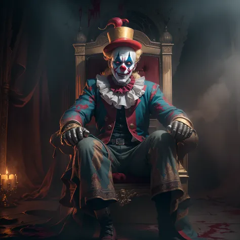 (Crazy clown emperor), sitting on a golden throne, Wear a clown hat, Wear clown costumes, metal gauntlet,Circus props,Laughing, Deep blonde hair.((Blood fog)),(Spooky atmosphere),Haunted ruins background. Surrealist style, vivd colour,Sharp contrast, omino...