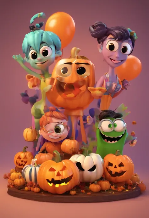 Estilo Pixar: duas amigas fantasiadas em uma festa de halloween da empresa, poster fofo, 3d,