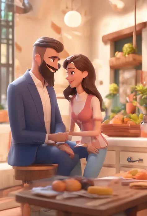 An illustration of an adorable couple, Destacando um homem e uma mulher com beleza, Expressive eyes – the mans hair is bald and brown and he has a full beard, While the womans hair is tied up in a bun and blonde. They are a bright space, Todos com um sorri...