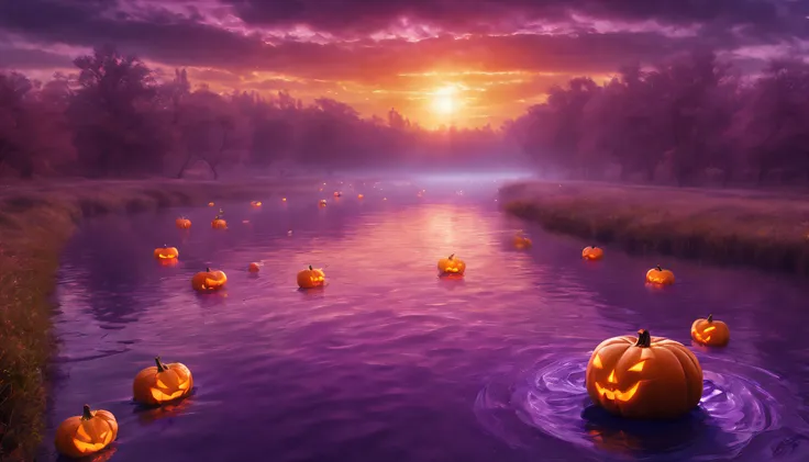 halloween, pumpkin, purple, orange, vibrant colors, magical, reflection in river, surreal, landscape, god rays, ray tracing, god...