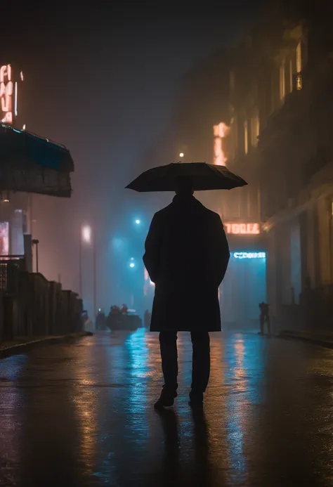 "Joe, the enigmatic protagonist of Blade Runner 2049, is on the edge of the bustling city of Porto. As he looks out over the neon-lit cityscape under a thunderstorm, Skies full of pollution, tristeza, Chovendo, olhando para cima. neon lights, fechar para c...