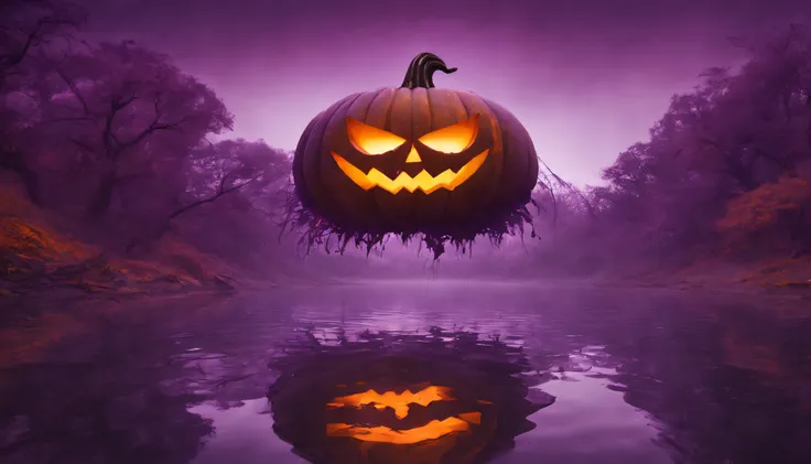 (masterpiece), best quality, halloween, pumpkin, purple, orange, vibrant colors, magical, reflection in river, surreal, landscap...