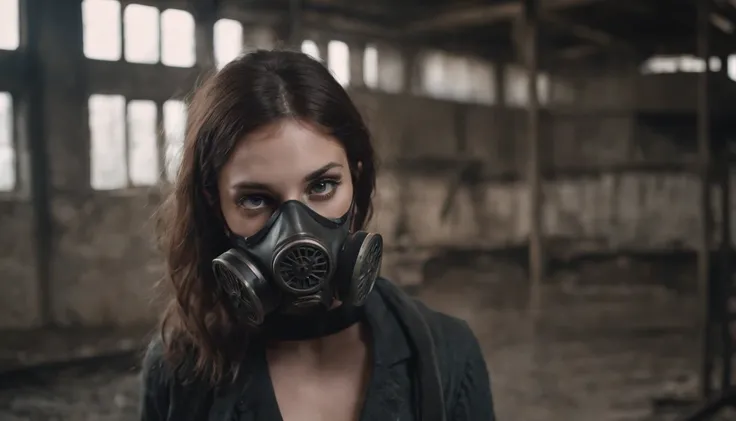 half body shot of a woman with an anti-gas mask in an abandoned factory, dark ambient, industrial aesthetic, techno aesthetic, techno fashion, horror movie, cinematic, ultra detailed, masterpiece.