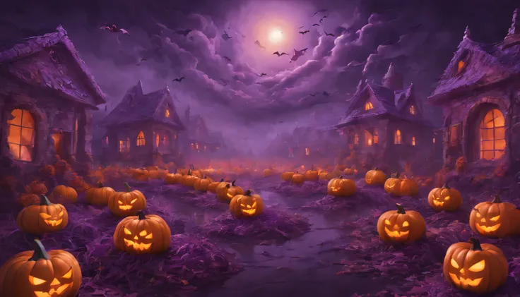 (masterpiece), best quality, halloween, pumpkin, purple, orange, vibrant colors, magical, surreal, landscape