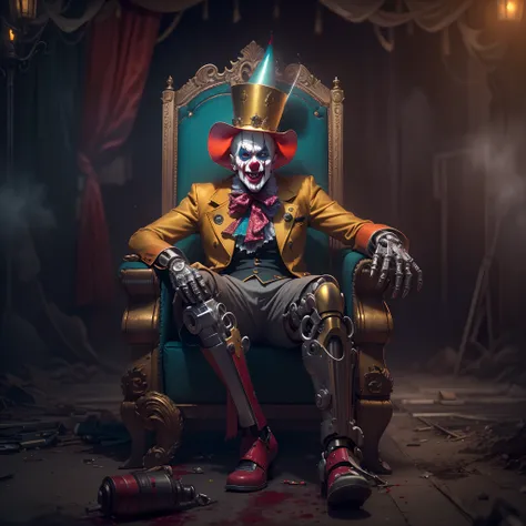 The Crazy Cyborg Clown Emperor,sitting on a golden throne,Wear a clown hat, Wear clown costumes, (Metal mechanical limbs),Circus props,Laughing, Deep blonde hair.((Blood fog)),Spooky atmosphere,(Abandoned amusement park). Surrealist style, vivd colour,Shar...